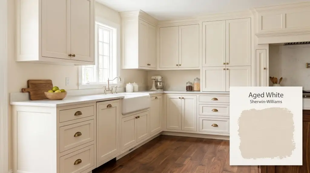 Classic shaker cabinets and a farmhouse sink contrast beautifully against creamy off-white walls finished in Sherwin-Williams Aged White (Hex #E8DECD).