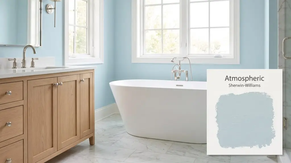 A freestanding white soaking tub and light oak vanity sit elegantly against light blue walls painted in Sherwin-Williams Atmospheric (Hex #C2DAE0).