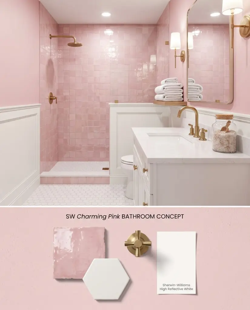 An architectural split board showing a pink upper wall bathroom over a flat-lay of pink square zellige and matte white hex tiles.