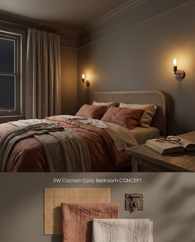A split conceptual board for a color-drenched bedroom in SW 6173, featuring a top room view and bottom tactile samples of rattan and linen.