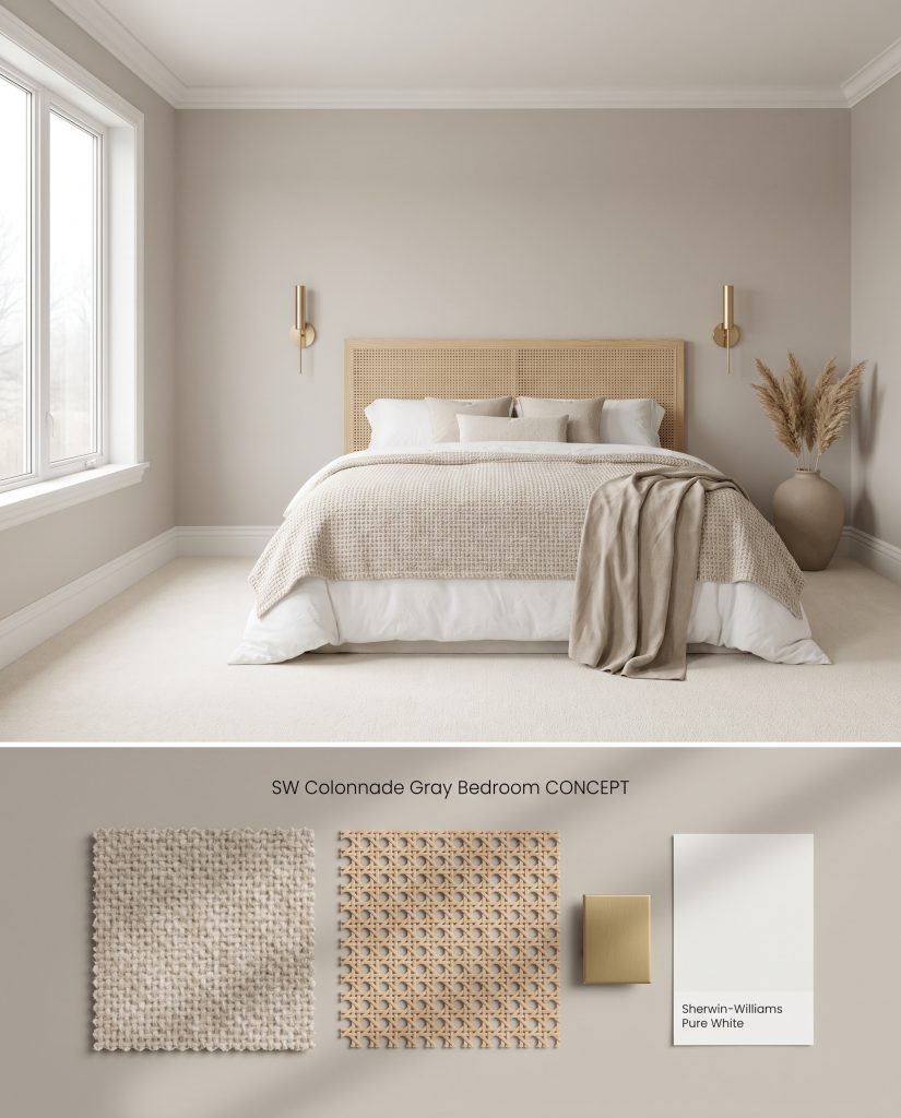 A composite visualization board for a serene bedroom displaying light greige walls over physical samples of cane webbing and oatmeal wool.