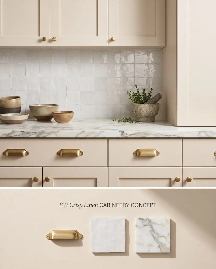 A split conceptual board highlighting warm beige shaker cabinets and a Calacatta marble countertop above physical brass and tile swatches.