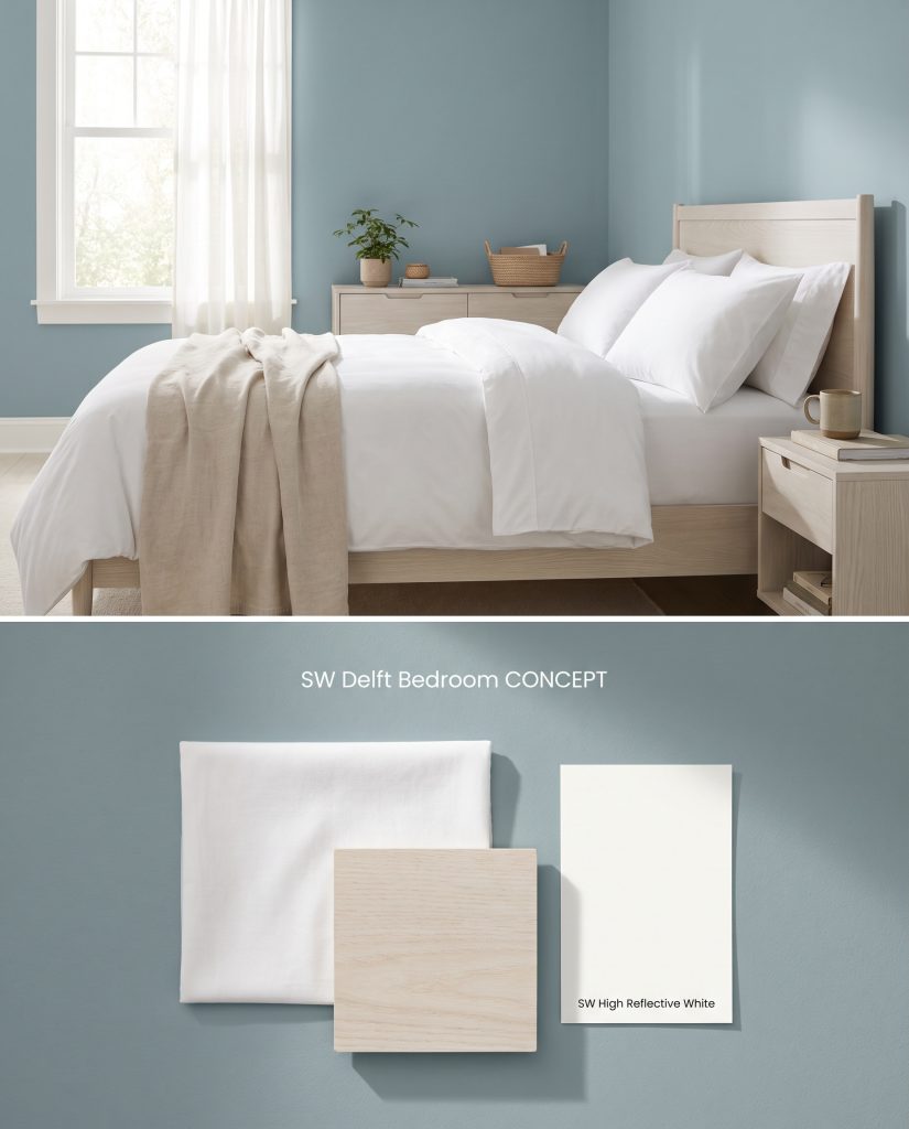 A conceptual split rendering showing a tranquil coastal bedroom with blue-gray walls above a textured flat-lay of percale cotton and bleached ash wood.