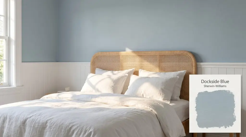 Crisp white wainscoting and a rattan headboard anchor a serene coastal bedroom painted in Sherwin-Williams Dockside Blue (Hex #A0B3BC).