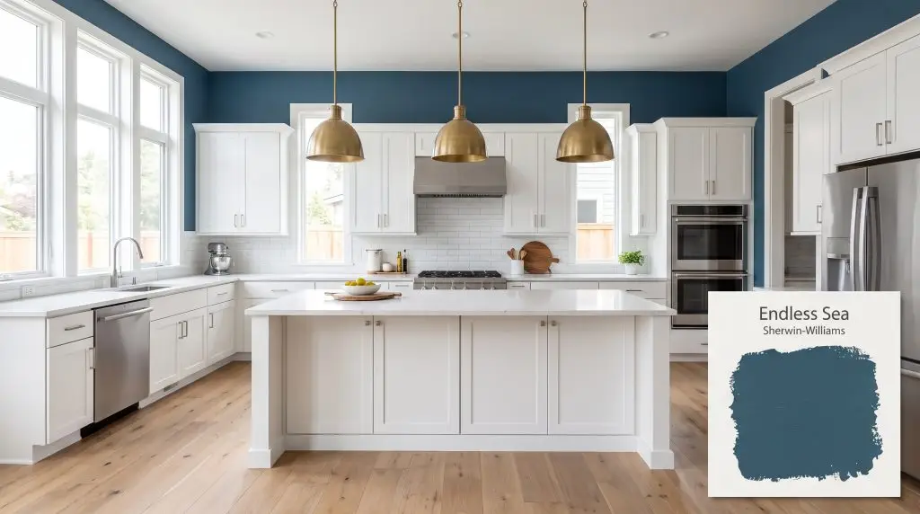 Crisp white shaker cabinets and brass pendant lights stand out against dark blue walls finished in Endless Sea (Hex #32586E).