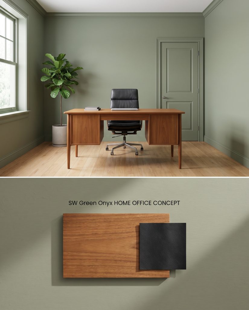 A two-part digital visualization presenting a color-drenched green home office above, alongside a flat-lay of teak wood and black leather.