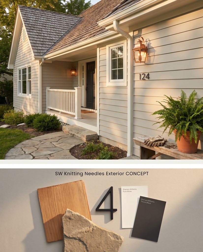 A split conceptual board featuring a home exterior bathed in golden hour light above a flat-lay of cedar shingles, natural stone, and copper.
