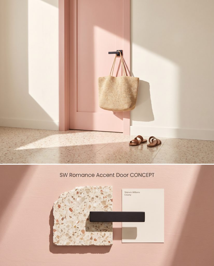 A digital split board presenting a soft pink interior accent door in bright sunlight above a flat-lay of terrazzo and a matte black handle.