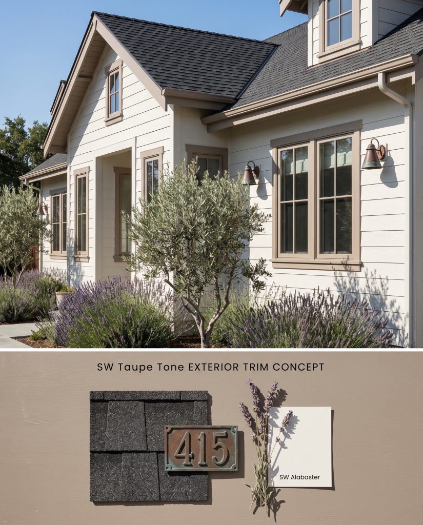 Composite layout showing a home exterior with SW Taupe Tone window trims over a physical flat-lay of charcoal shingles and aged copper.