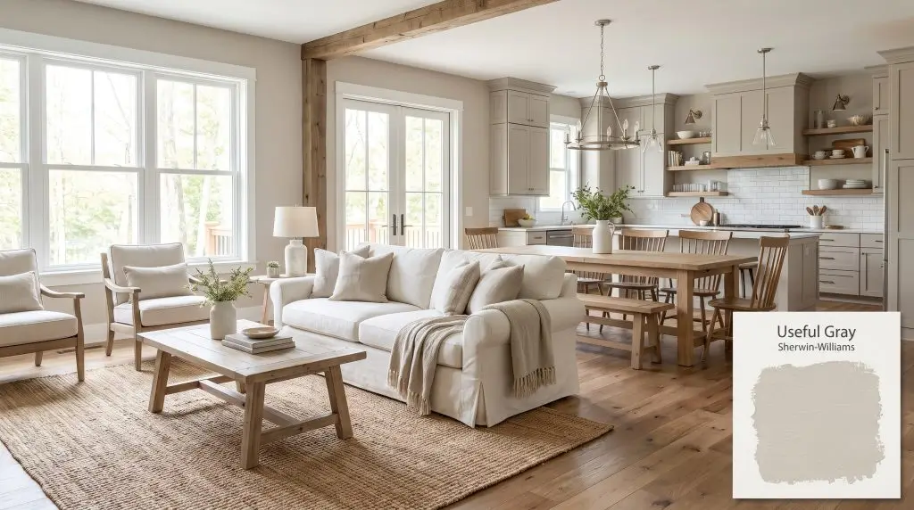 A slipcovered white sofa and light wood dining table fill an open-concept space painted in Sherwin-Williams Useful Gray (Hex #CFCABD).