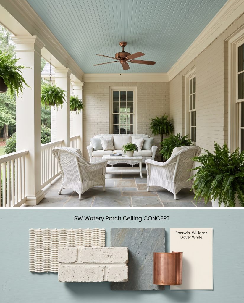 A digital material board showing a traditional haint blue porch ceiling above tactile swatches of white wicker and bluestone pavers.