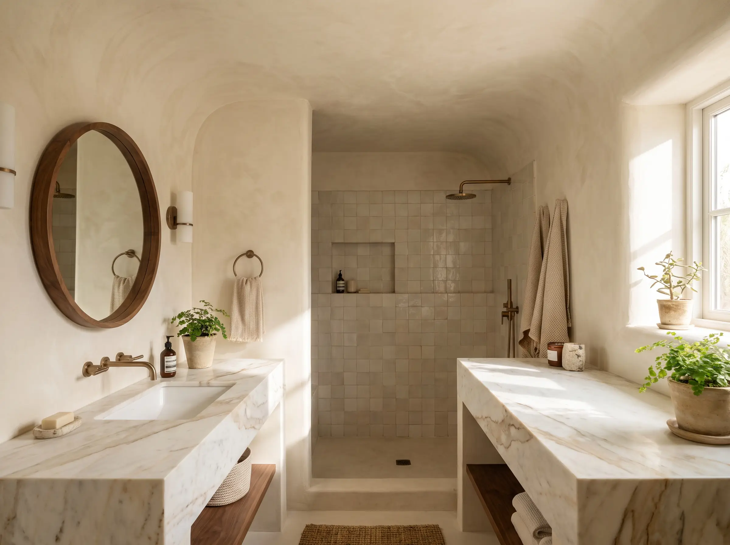 Warm Swiss Coffee limewash plaster envelops the walls and ceiling, softening the polished edges of a sleek Calacatta Gold marble vanity paired with a natural walnut mirror frame.