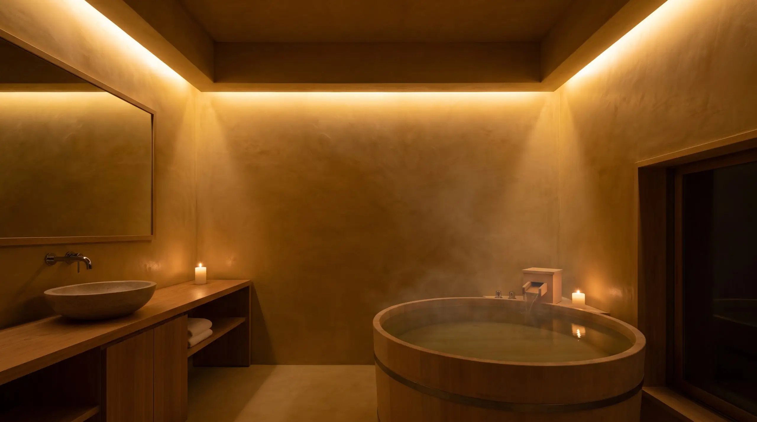 Concealed ceiling drop-coves cast warm indirect illumination down highly textured Tadelakt plaster walls toward a deep soaking tub in this japanese bathroom design.