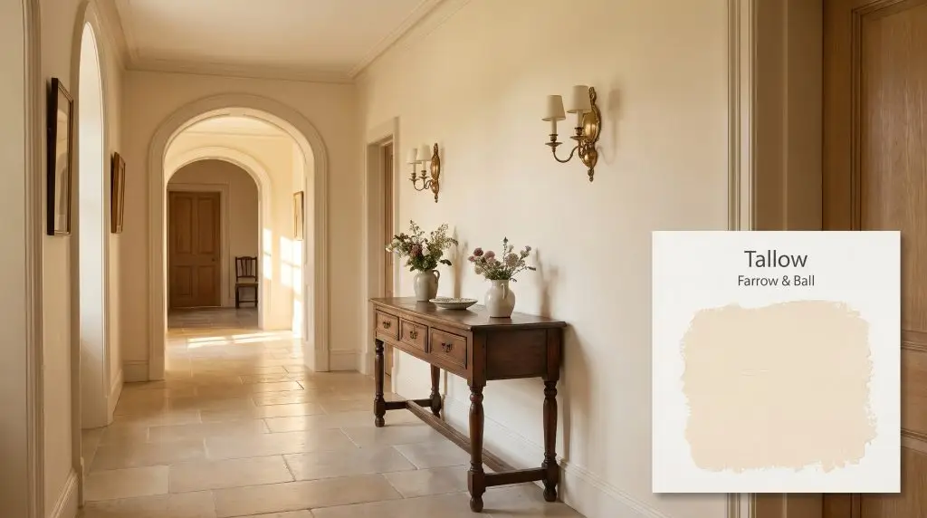 A vintage console table and brass sconces line a classic hallway with arched doorways, featuring Farrow & Ball Tallow (Hex #f6ebd5) walls.