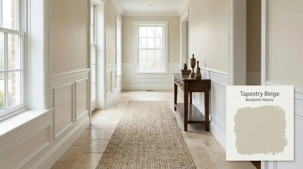 White painted wainscoting and tumbled travertine floor tiles line a classic hallway finished in Benjamin Moore Tapestry Beige (Hex #DBD7C5).