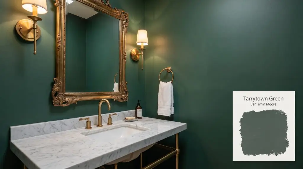 Warm brass wall sconces flank a vintage mirror above a white marble vanity, set against deep Tarrytown Green (Hex #415752) walls.