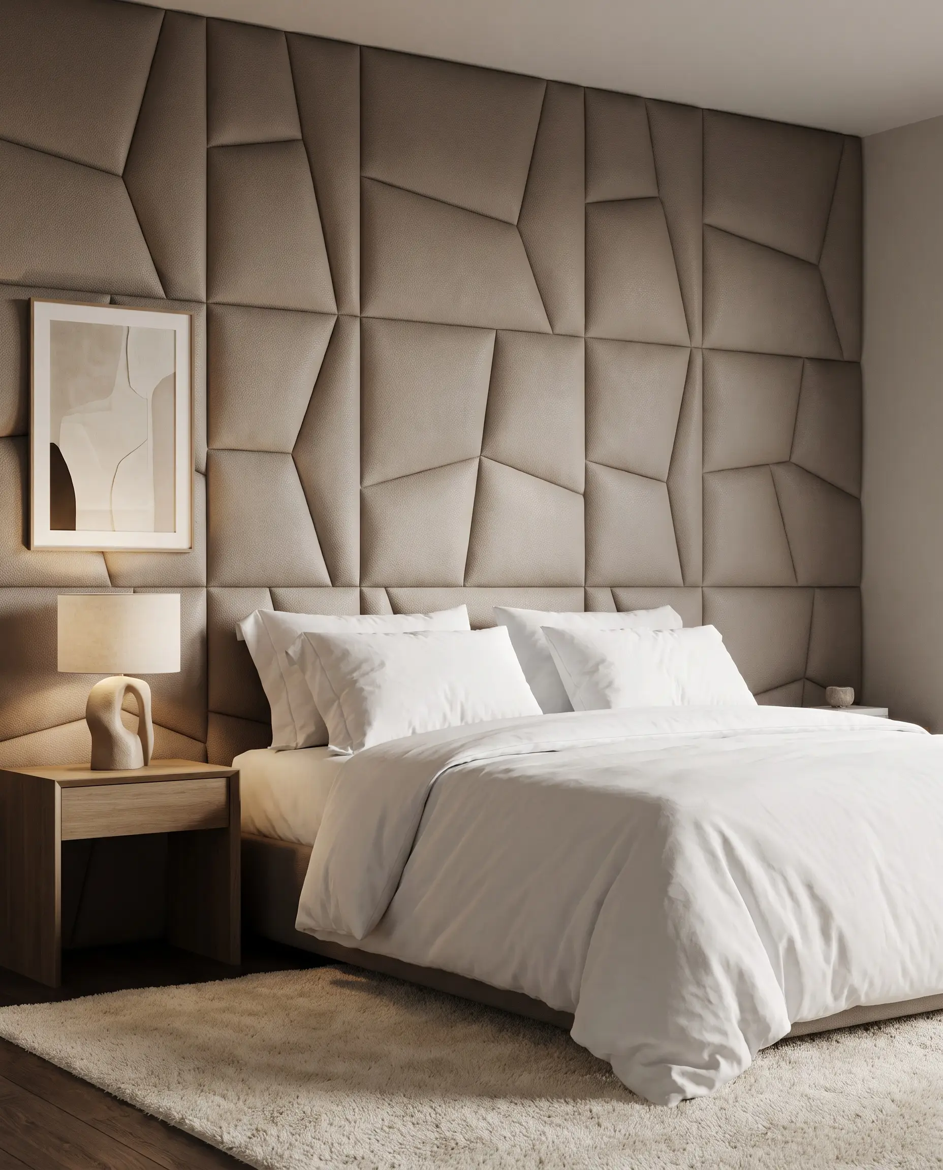 Matte faux-leather padded tiles in a warm taupe shade form a sound-absorbing headboard wall behind a bed dressed in crisp white percale sheets.
