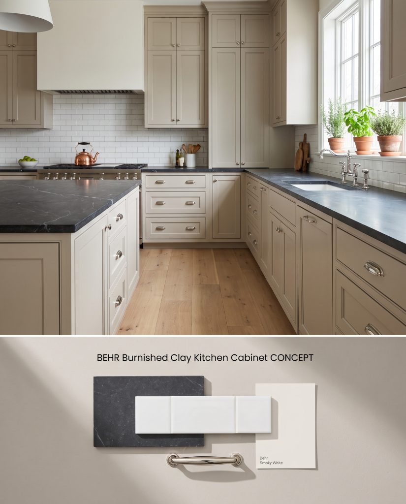 A split conceptual visualization presenting greige shaker kitchen cabinets above a flat-lay of dark soapstone and glossy white subway tile.