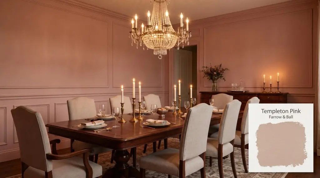 Classic wainscoting and a heavy mahogany table anchor an elegant dining room coated in Farrow & Ball Templeton Pink (Hex #cdb19d).
