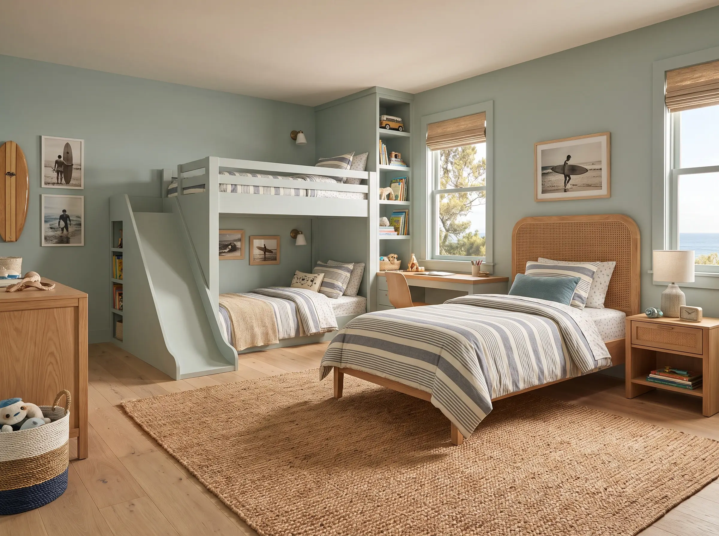 Muddy aqua Farrow & Ball Teresa's Green walls surround crisp white oak flooring, a woven jute rug, and a transitional rattan headboard.