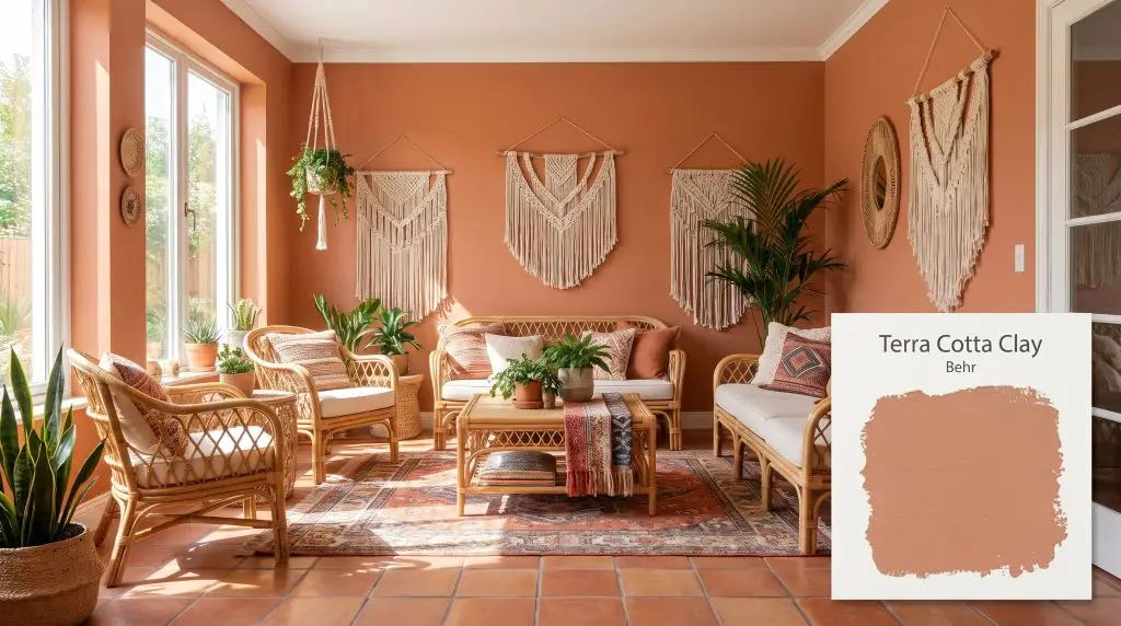 Woven rattan furniture rests on terracotta tile flooring within a brightly lit sunroom featuring walls coated in Behr Terra Cotta Clay (Hex #d08f73).