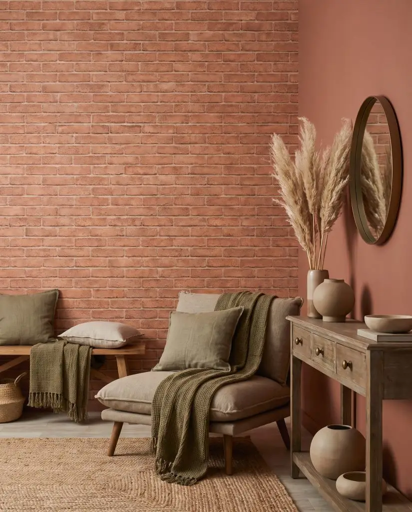 Olive green textiles and dried pampas grass contrast with terracotta faux masonry and Sherwin-Williams Cavern Clay painted accent walls.