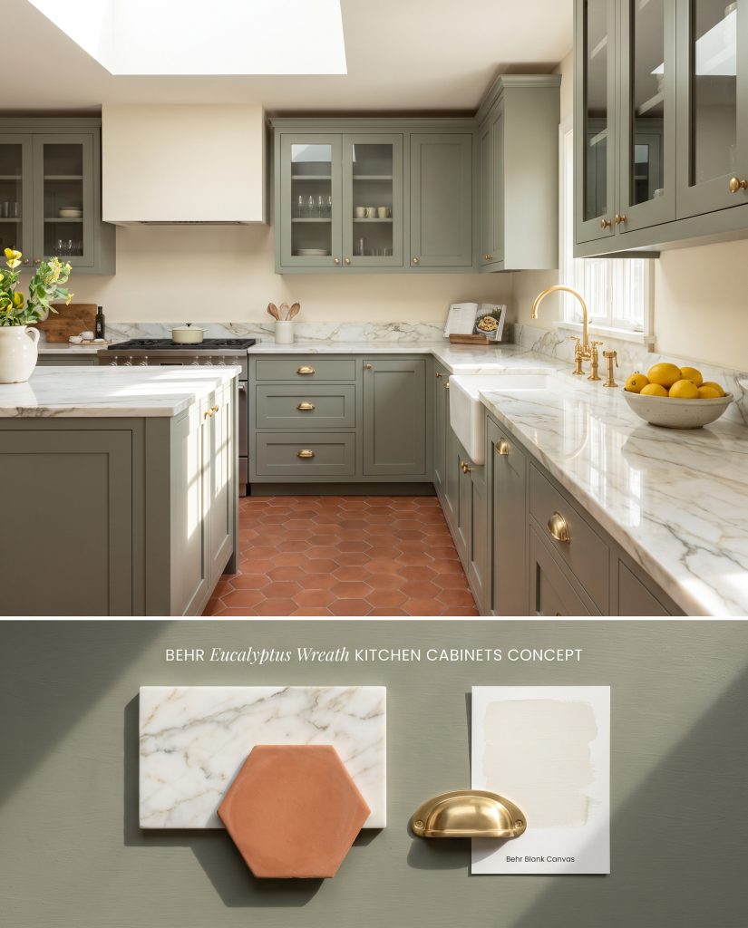 A split-layout conceptual design for a kitchen featuring earthy green shaker cabinets, with a textured bottom section holding Calacatta marble and unlacquered brass.