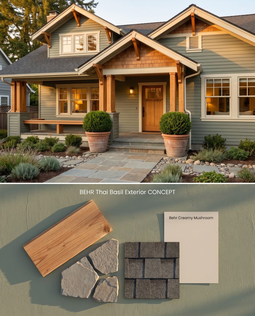 A composite design board featuring a muted green craftsman exterior facade over a tactile arrangement of cedar wood and bluestone paver fragments.