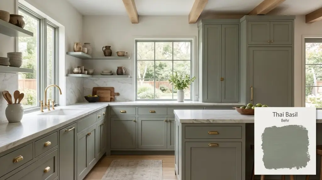 White marble countertops and unlacquered brass hardware accent kitchen cabinetry painted in the muted green-gray of Behr Thai Basil (Hex #7f8b79).