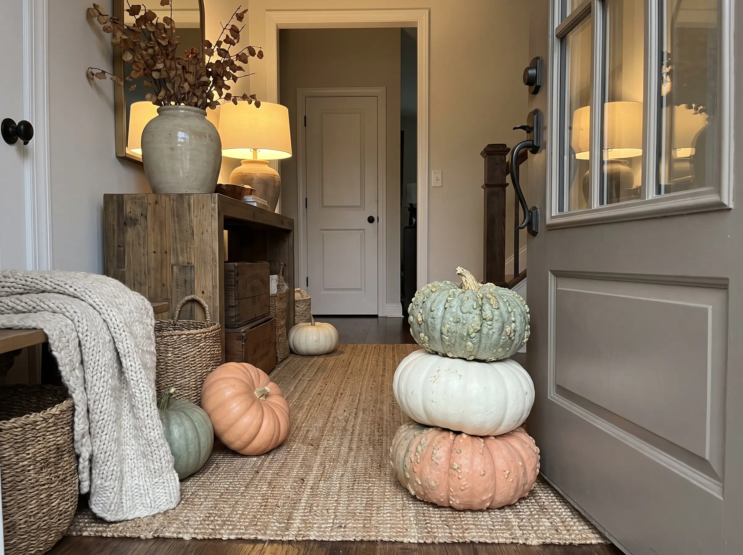 Thanksgiving decor 2026 highlights an entryway featuring asymmetrical heirloom pumpkins stacked beside woven seagrass baskets, vintage wooden crates, and a wooden console.