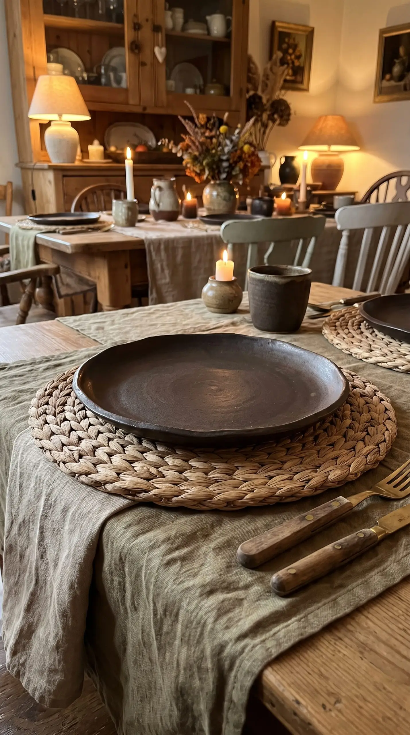 A braided natural jute and water hyacinth placemat anchors thanksgiving decor 2026 beneath a heavy matte stoneware dinner plate and vintage brass flatware.
