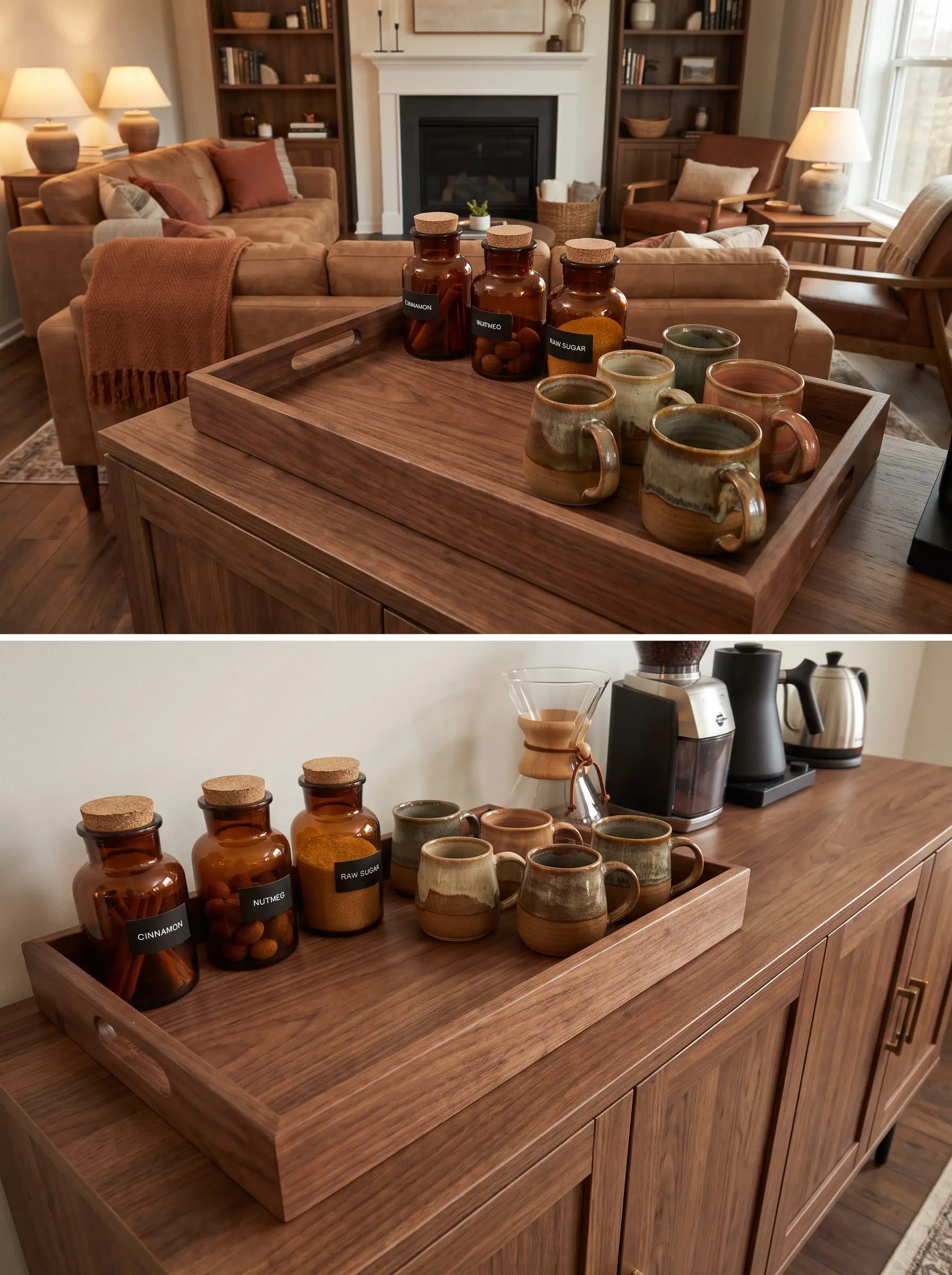 A wooden console table holds a walnut serving tray, handmade ceramic mugs, and amber glass apothecary jars filled with cinnamon sticks and whole nutmeg.