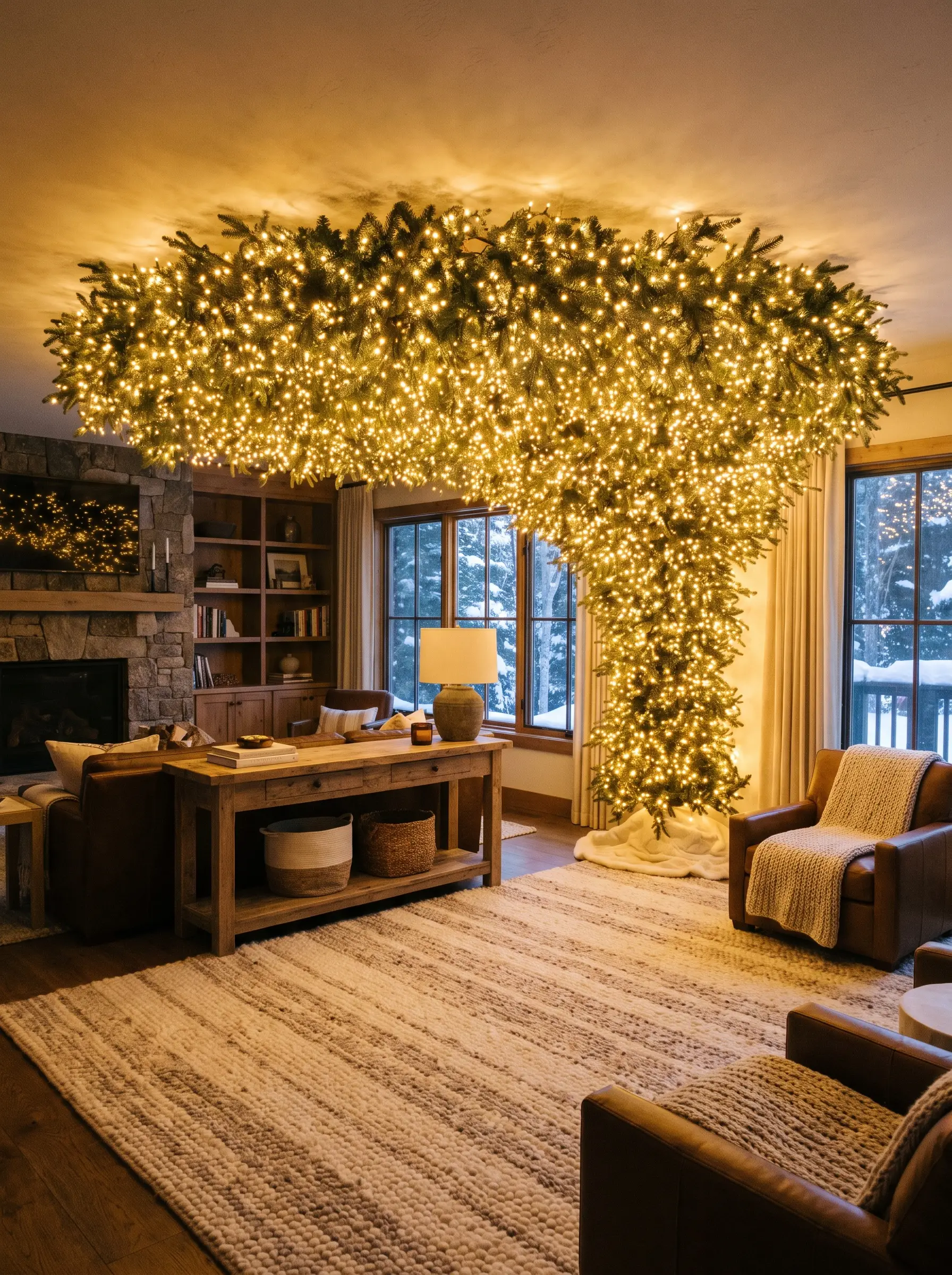 Thousands of warm white micro-cluster LED lights weave deeply into the dense branches of a glowing tree canopy above a textured wool living room rug.