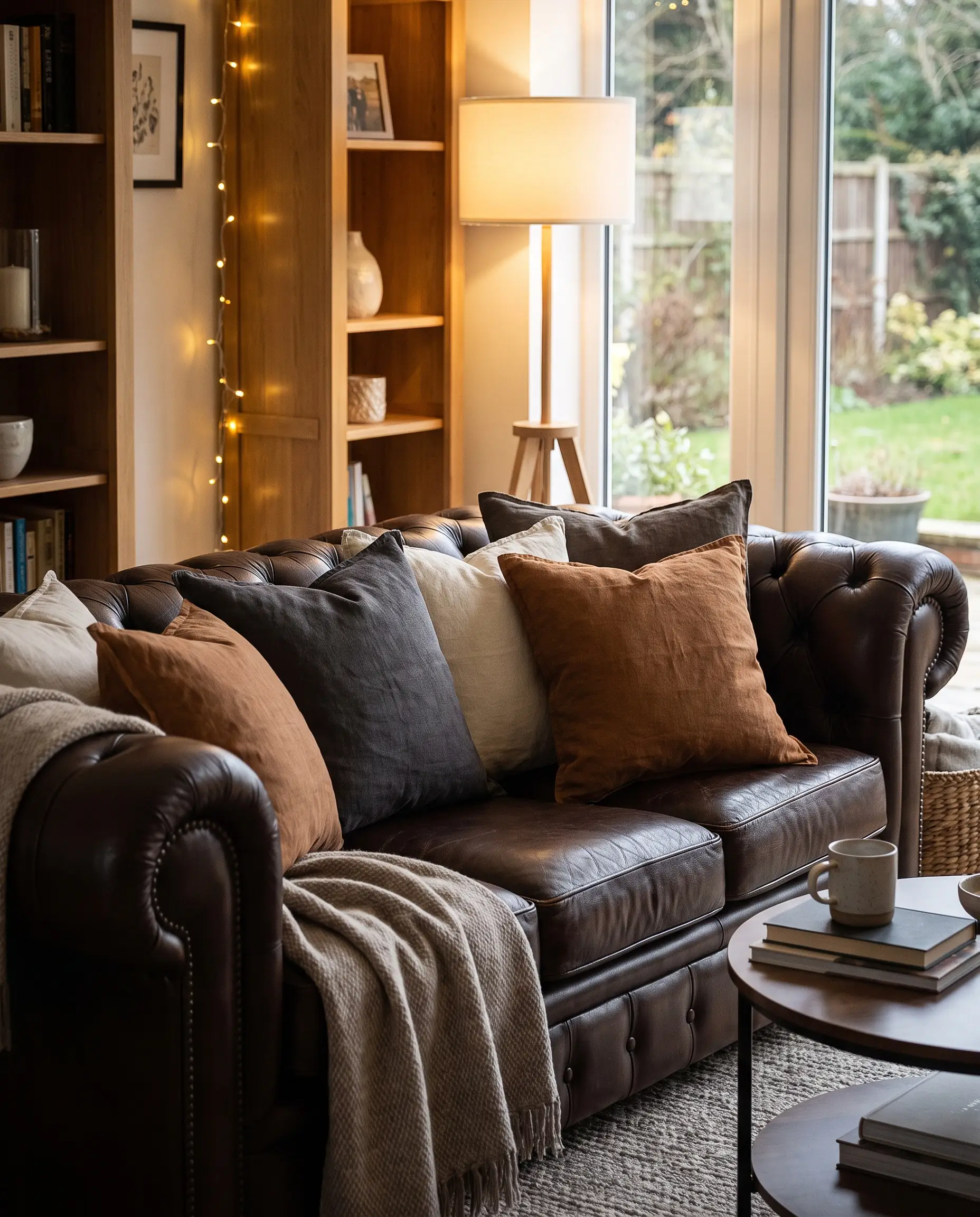 Thick stonewashed linen cushions with overstuffed feather blend inserts provide a relaxed, slightly rumpled look on a stiff, formal seating arrangement.