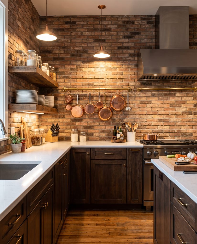 Thick open wood shelving and an unlacquered brass rail system displaying copper cookware are mounted over a sealed thin-brick veneer backsplash above white quartz countertops.