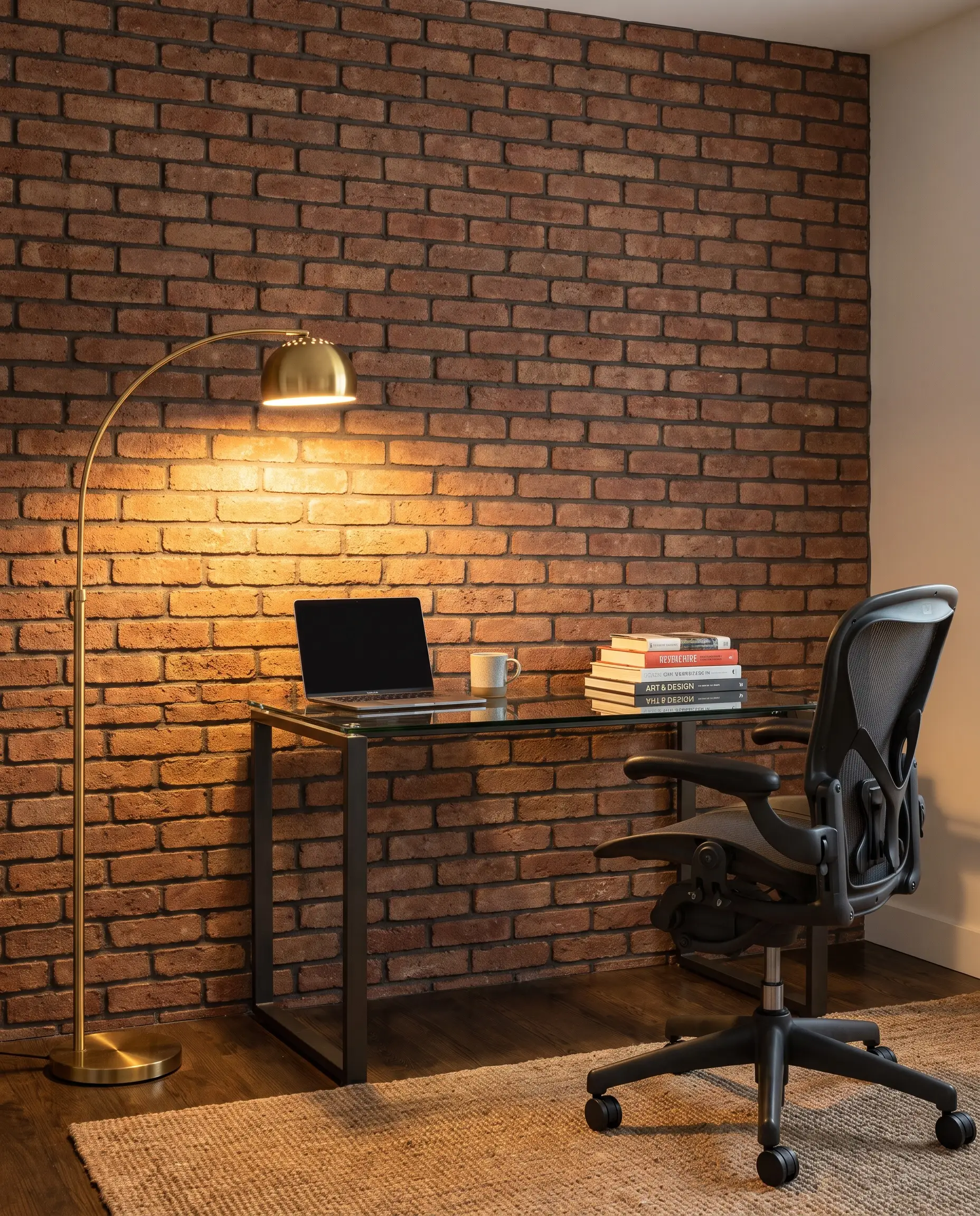 A contemporary glass desk and ergonomic charcoal office chair are positioned in front of a kiln-fired thin-brick veneer surface with visible mortar joints.
