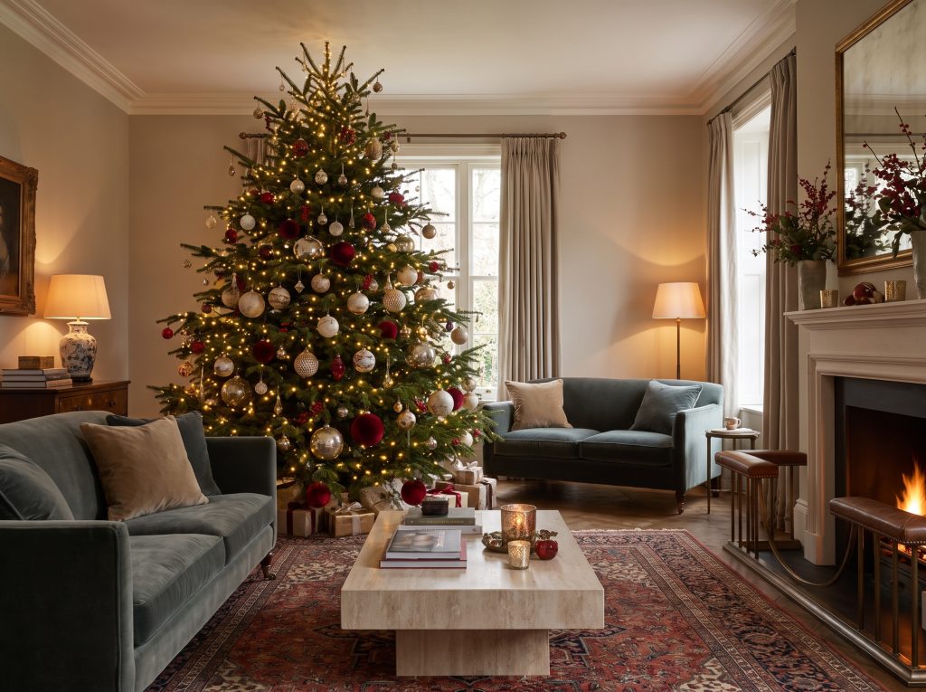 Extra-large ornaments near the trunk, medium baubles mid-branch, and micro details on the outermost tips create perfect visual balance in this 2026 Christmas tree decor.