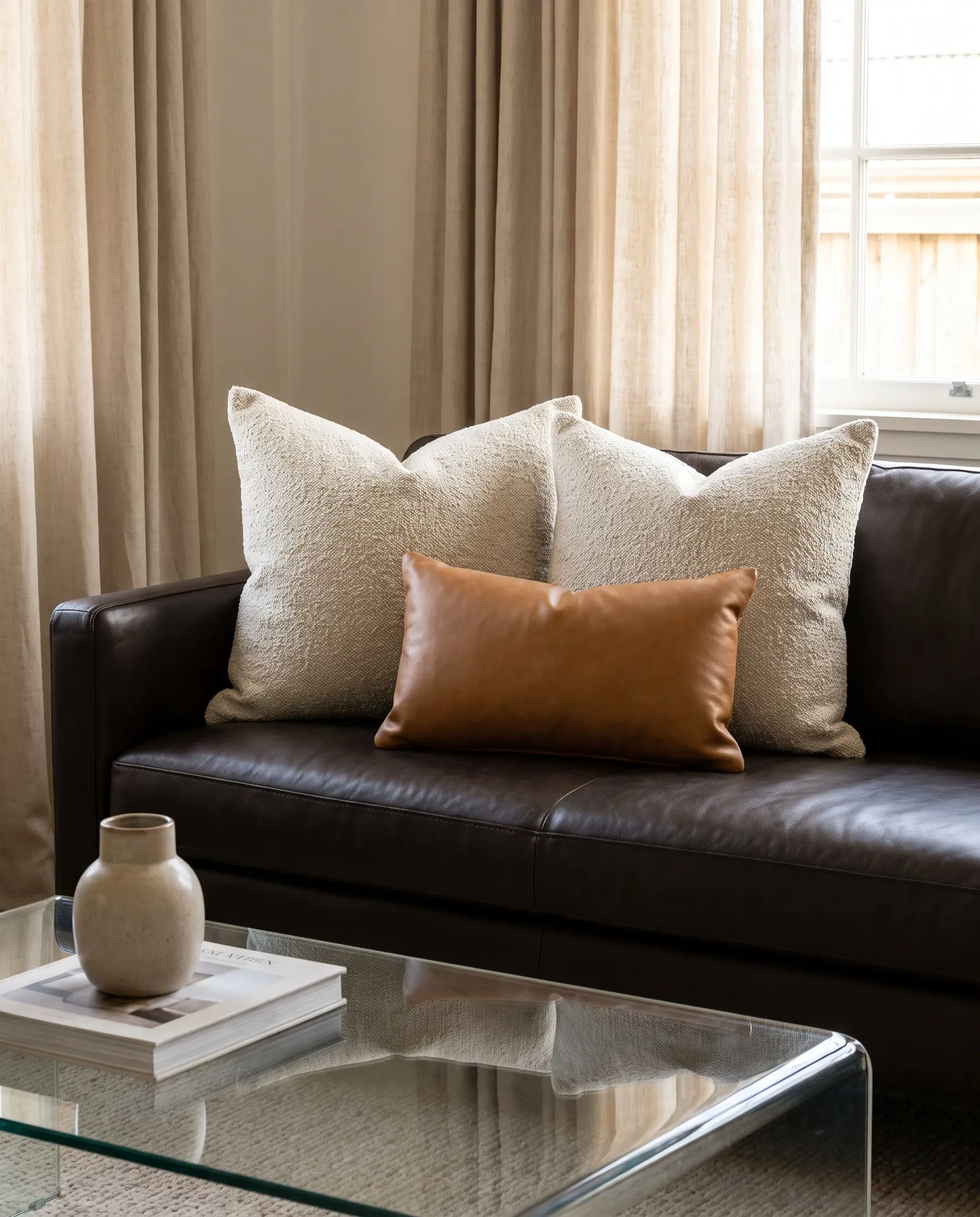 Dense Alabaster bouclé cushions and a smooth lumbar pillow sit on a dark brown sofa behind a glass coffee table and linen drapes.