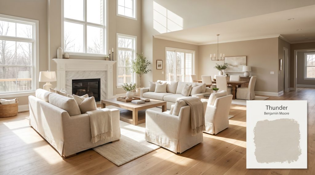 Bright natural sunlight illuminates an open living area with a white marble fireplace and walls finished in Thunder AF-685 (Hex #BDB8AD).