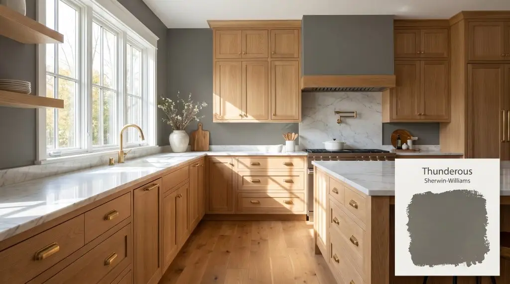 Natural oak kitchen cabinets and white marble countertops sit against walls painted in Sherwin-Williams Thunderous (Hex #6D6C62) illuminated by afternoon sunlight.