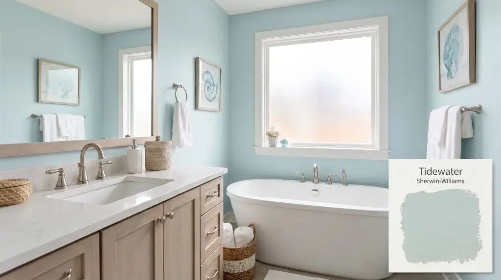 A white quartz vanity and freestanding soaking tub sit beautifully alongside light blue walls painted in Sherwin-Williams Tidewater (Hex #C3D7D3).