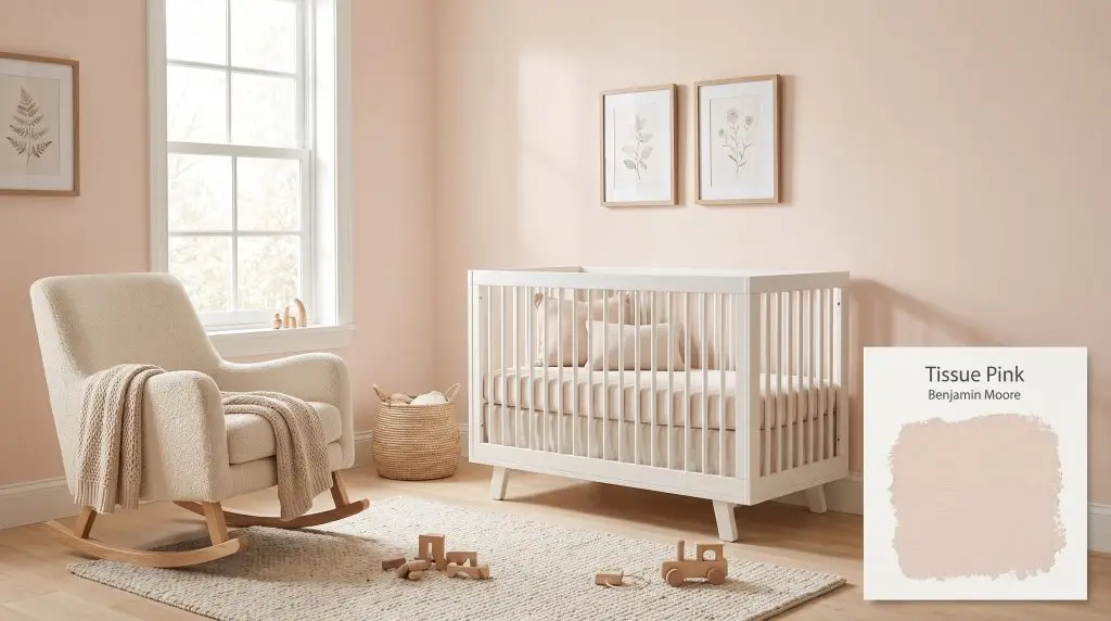 A cream bouclé rocking chair and white wooden crib sit on light maple floors surrounded by Tissue Pink (Hex #EDDBCD) walls.