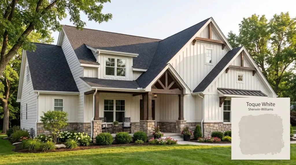 A modern farmhouse exterior featuring a dark charcoal roof, natural stone accents, and siding painted in SW 7003 (Hex #E7E2DA).