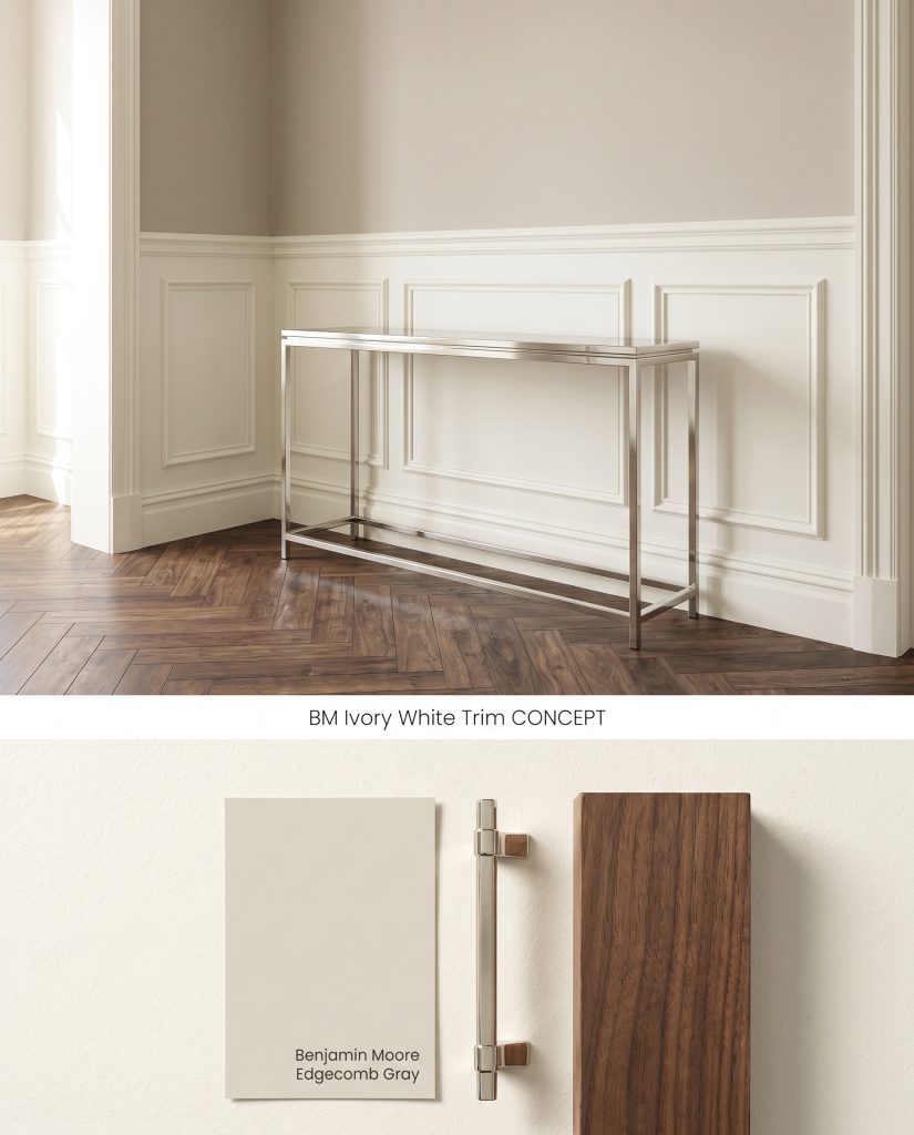 A composite layout featuring traditional wainscoting painted in a soft white beneath warm gray walls, alongside dark walnut and polished nickel samples.