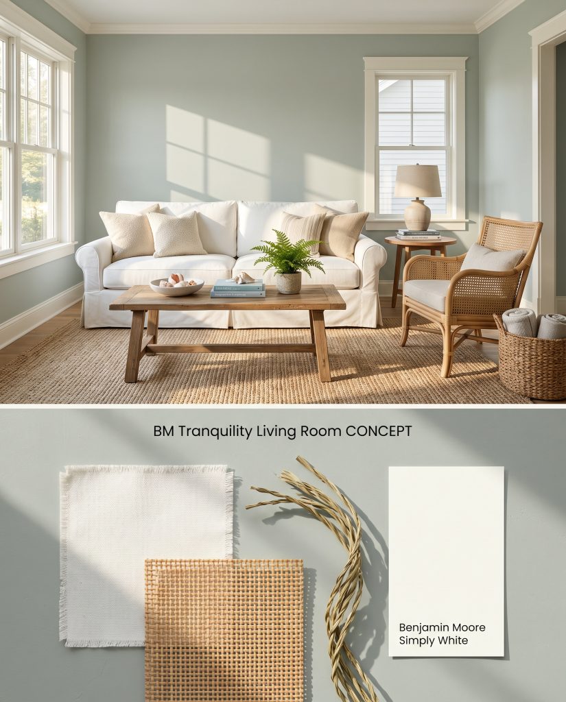 A split digital conceptual board displaying a coastal blue-gray living room on top and woven seagrass with rattan samples below.
