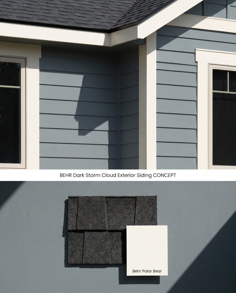 A digital composite board presenting transitional exterior siding in a stormy grey hue on top, and a flat-lay of charcoal asphalt shingle below.