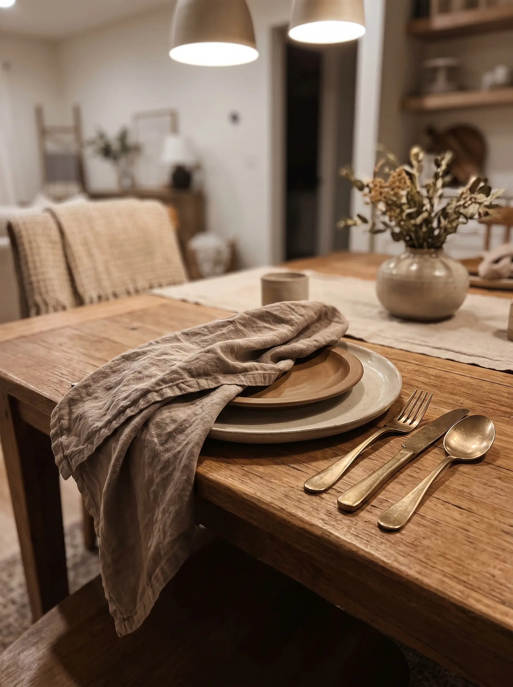 An oversized washed cotton napkin drapes asymmetrically between a matte ceramic dinner plate and salad plate on a natural wood dining table.