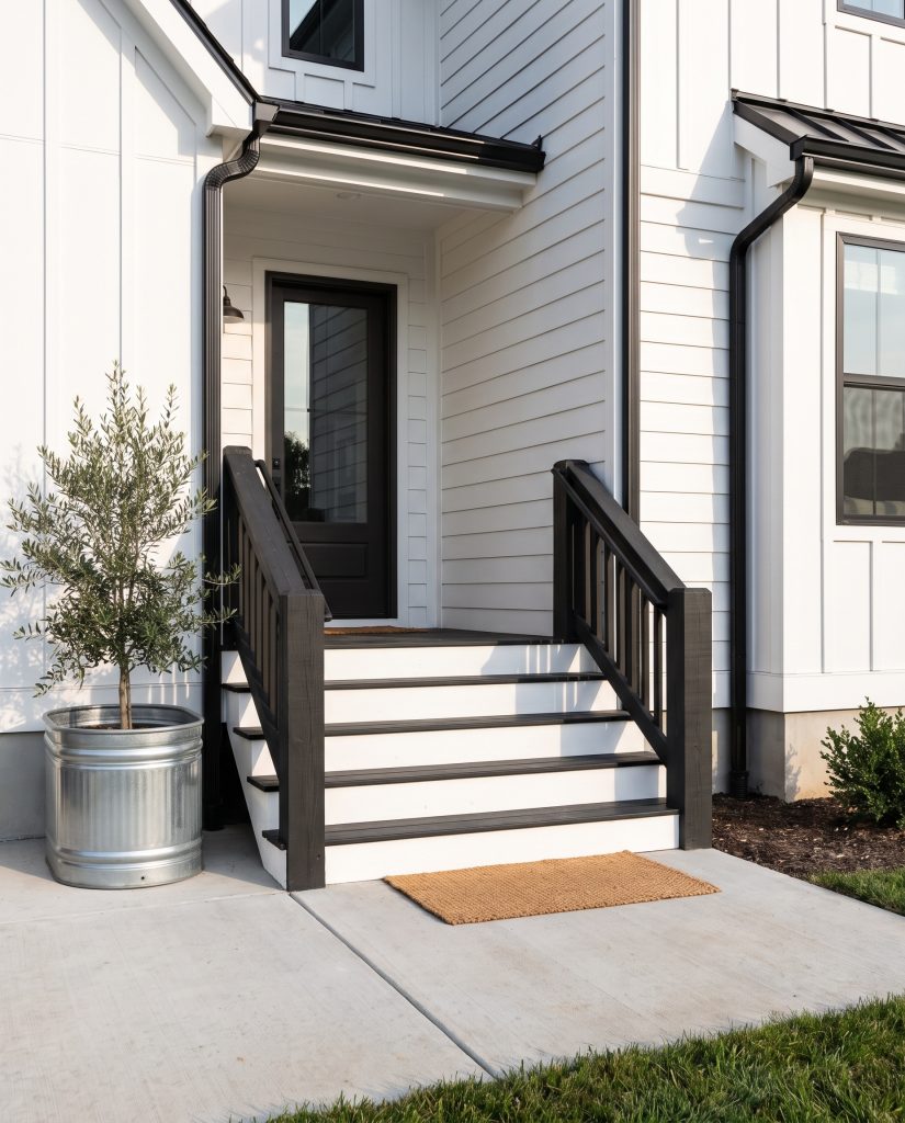 Front porch color combinations shine with razor-sharp black painted stair risers and wooden railings contrasting against standard white exterior siding and a jute doormat.