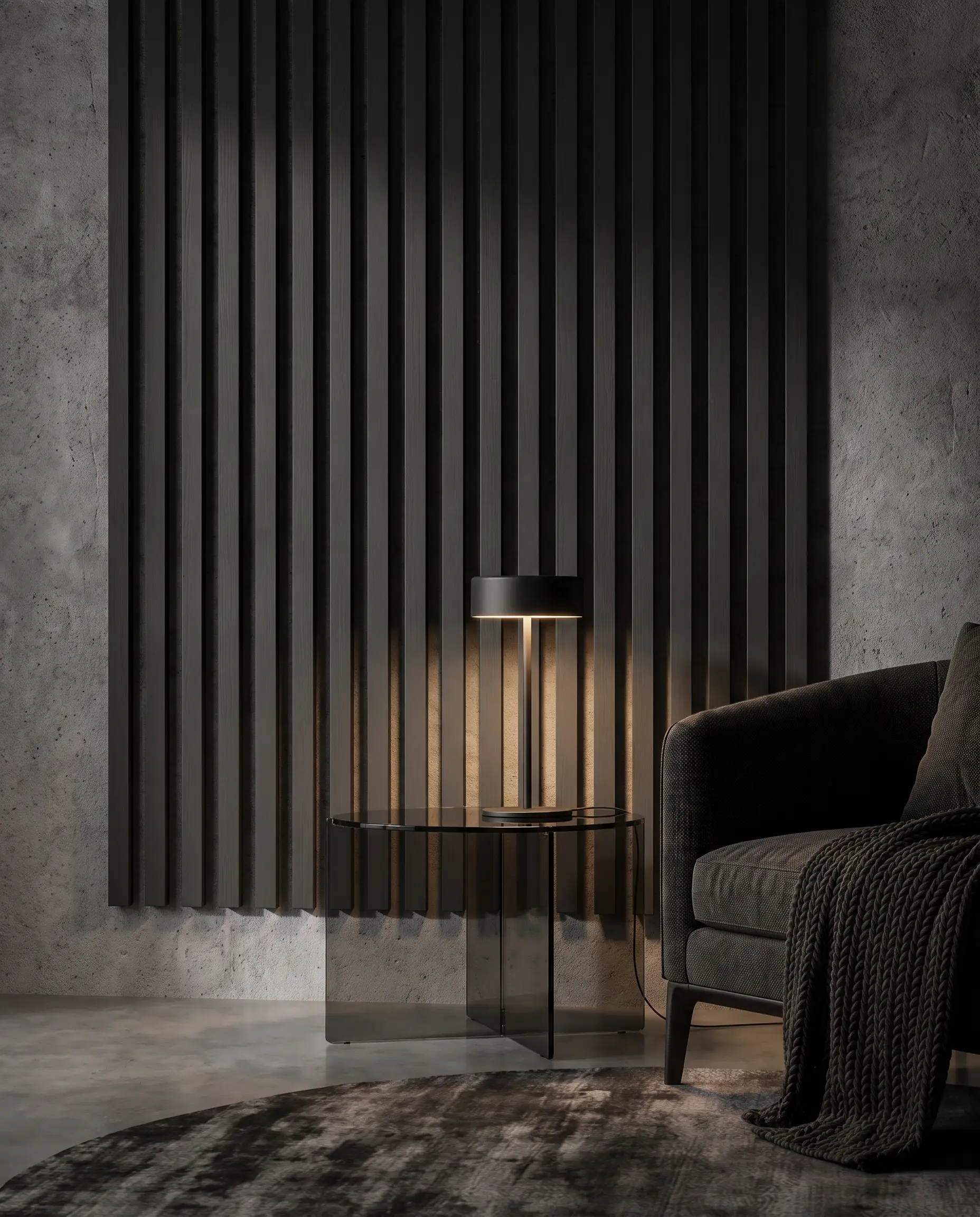 Razor-thin pine slats painted matte Tricorn Black mount over a textured grey microcement wall behind sleek smoked glass side tables and black fixtures.