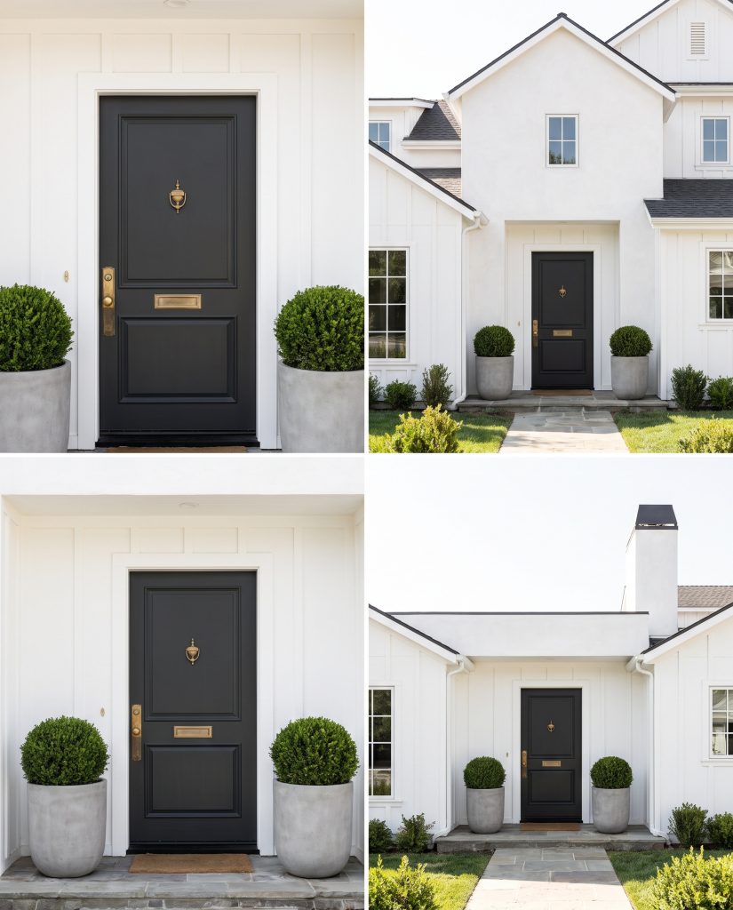 Unlacquered brass hardware accents a Tricorn Black SW 6258 front door set against bright white board-and-batten siding and contemporary boxwood planters.